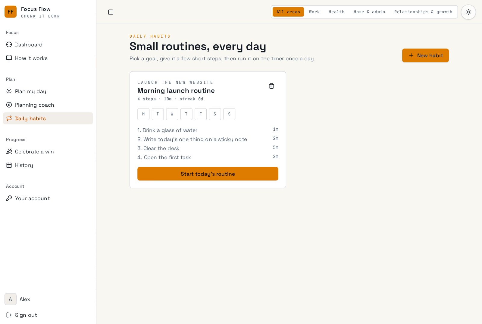 Daily habits with a step-by-step routine timer
