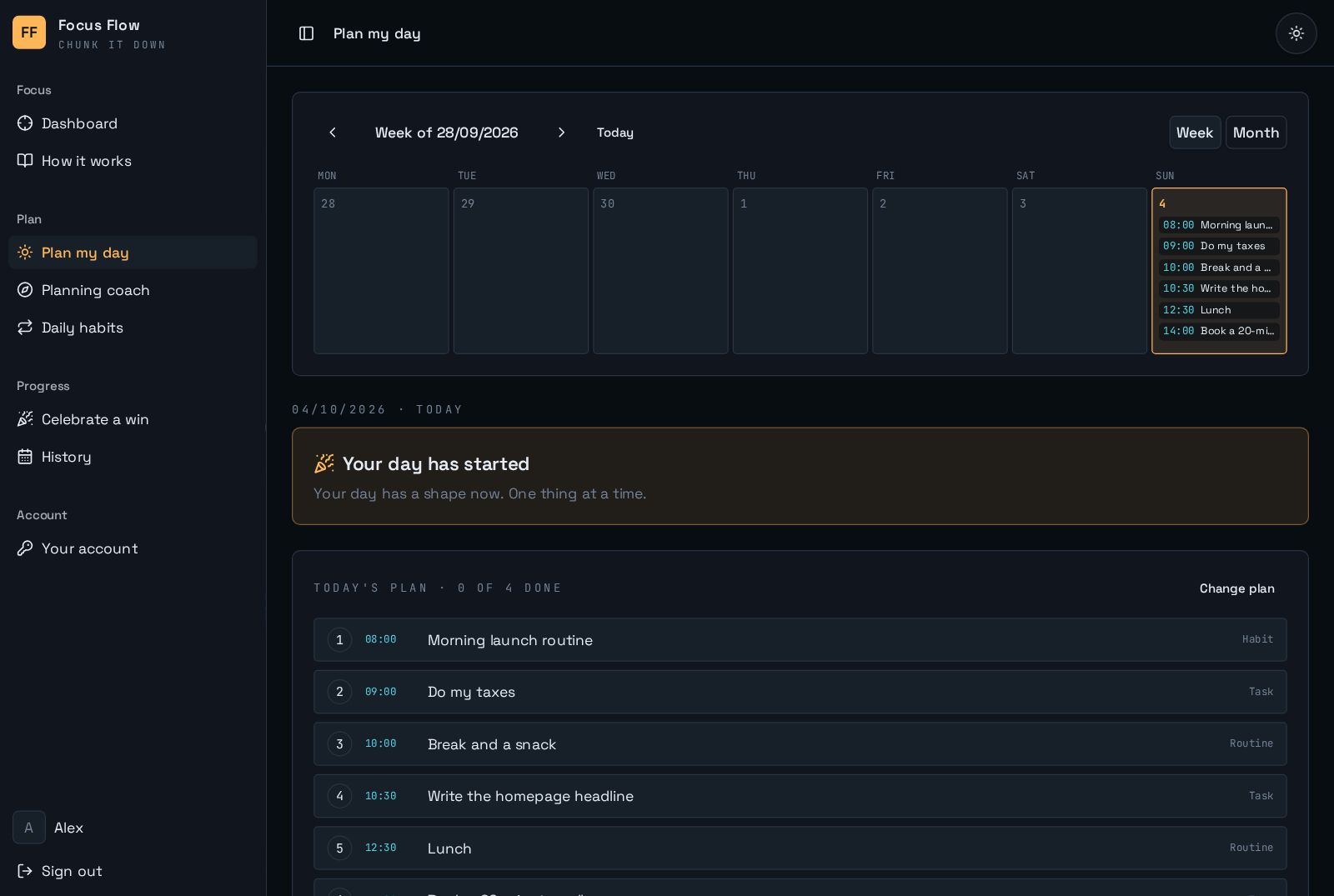 Plan my day with a weekly calendar and timed slots