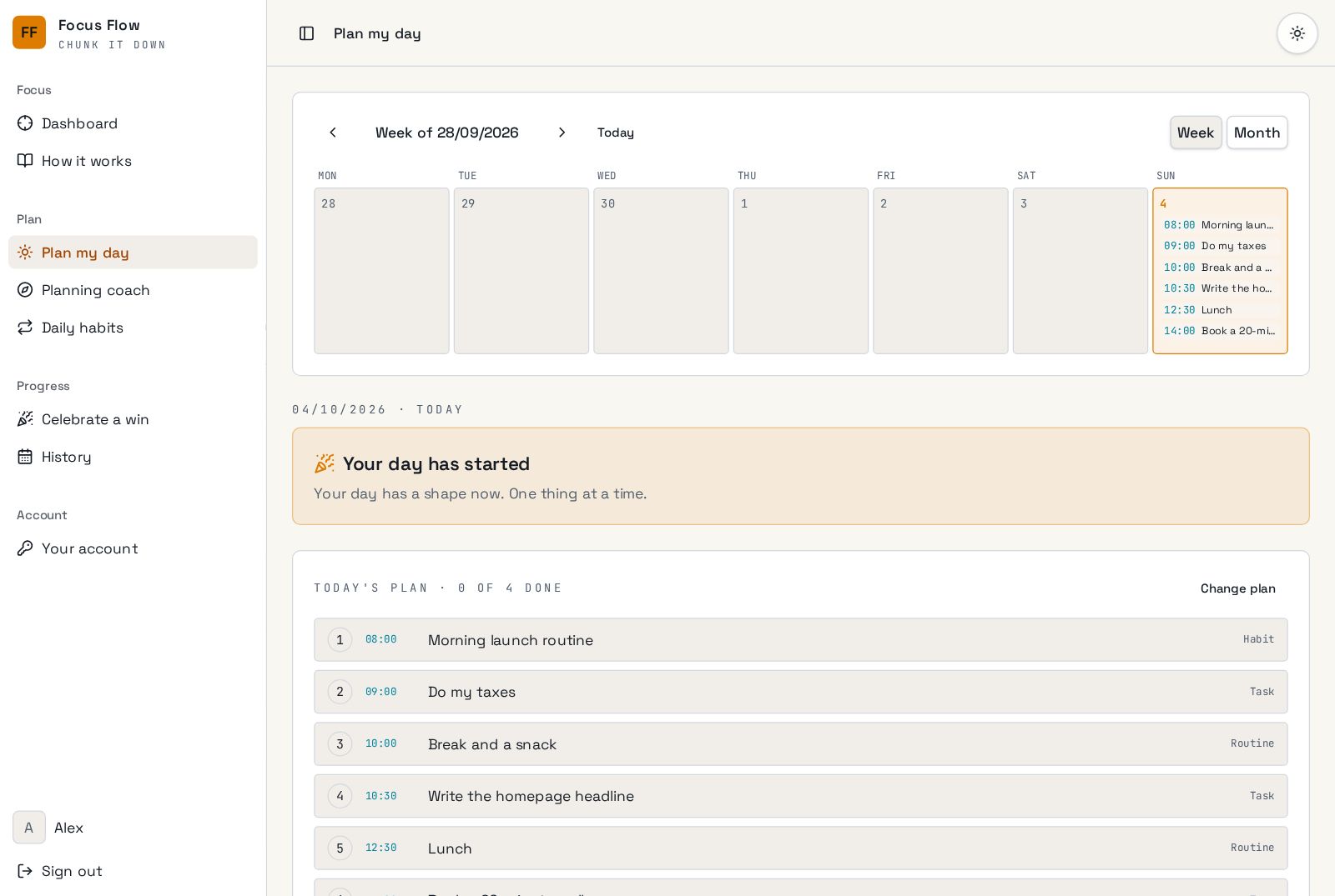Plan my day with a weekly calendar and timed slots